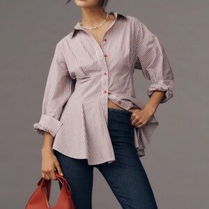Maeve Long-Sleeve Waisted Striped Button down Top